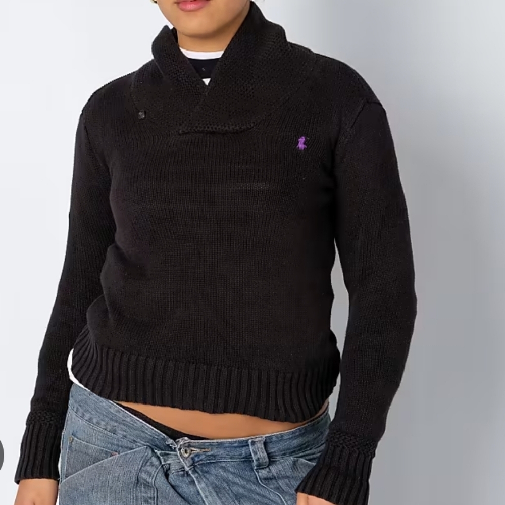 Ralph Lauren Womens Shawl Collar Sweater Black Cotton Size Large